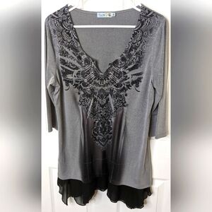 Unity World Wear Gray Black Chiffon Hem Burnout Print Beaded Blouse Top Size M